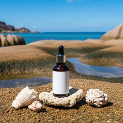 Glass bottle mockup with dropper placed on coral by ocean with clear sky