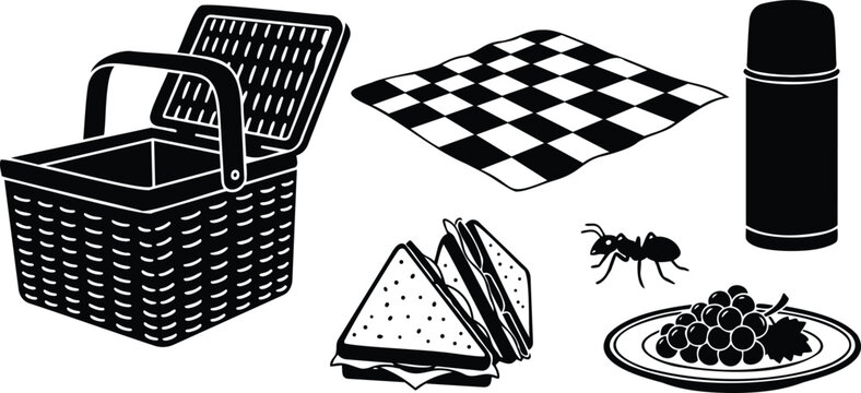 Silhouette top view picnic set with open wicker basket checkered blanket stacked sandwiches thermos plate of grapes small ant close up flat vector illustration minimalist black