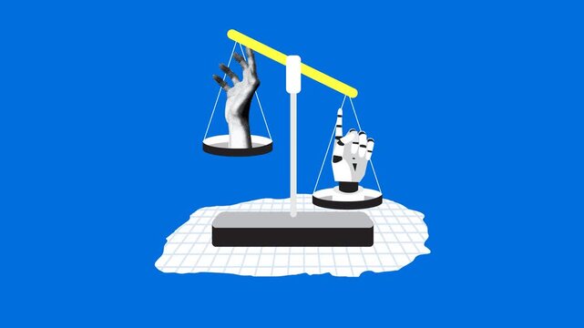 Weighing scales with human hand and robot hand. Fight between human and artificial intelligence. Concept of future technologies. Machine learning. Contest between human and cyborg. Collage animation