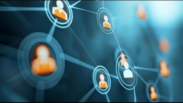 Abstract luminous network of interconnected orange glowing light particles illuminating dark space with digital energy flow.