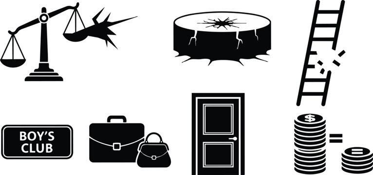 Flat design symbolic icon set showing broken ladder scales boys club briefcase and handbag door stacked coins highlighting gender pay gap unequal workplace barriers