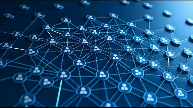 Dynamic blue network interconnection with luminous white dots on sleek black background representing digital data flow and global connectivity.
