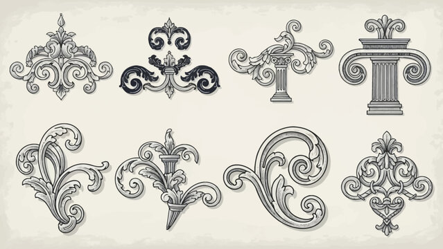 Collection of Ornate Baroque and Rococo Decorative Elements.