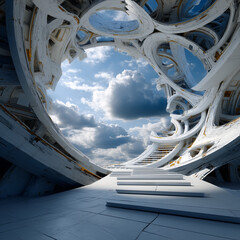 Futuristic white interior architecture with organic curves and open sky