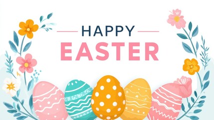 Front view of pastel colored Easter eggs with decorative patterns surrounded by flowers and text reading Happy Easter in a festive design suitable for holiday celebrations