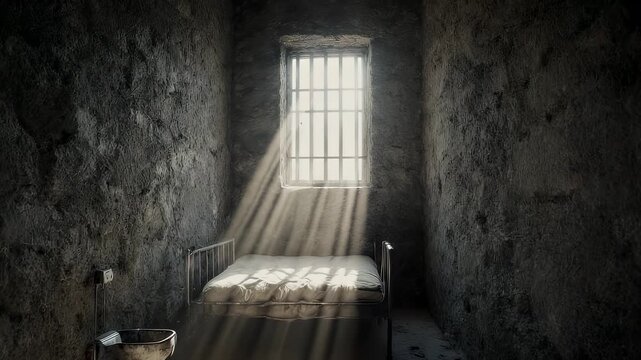 A stark prison cell with barred window, light beams, bed, and toilet