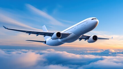 Obraz premium Airplane flying above fluffy clouds during sunset, showcasing a clear blue sky with soft pastel colors and a serene atmosphere, ideal for travel and aviation themes