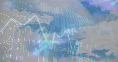 Animation of financial data processing over electric cloudy sky - Powered by Adobe