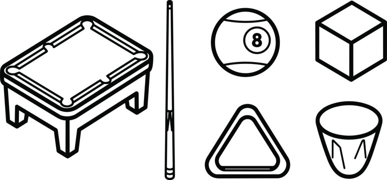 Line art isometric pool table and cue set with eight ball chalk cube triangle rack and ball return cup view flat vector icons simple black outline