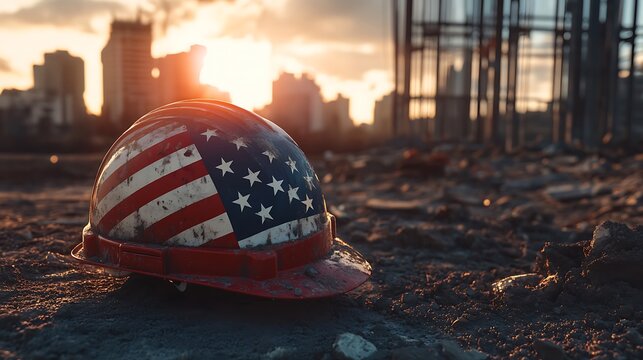 Construction safety helmet with american flag on damaged worksite
