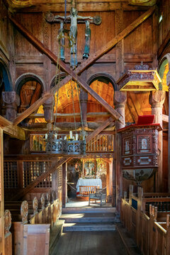 interior view of the historic wooden 12th-century Urnes Stave Church