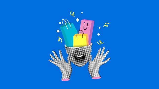 Sale, shopping concept. Halftone woman screaming with delight. Shopping bags sticking out of womans head. Anticipation of holidays and gifts. Consumer receives surprise gift. Collage animation