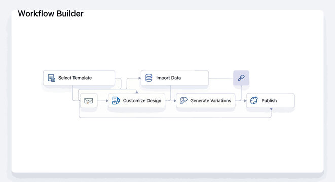 Modern UI of a workflow builder showing a process flow with steps like import data personalize design and publish.