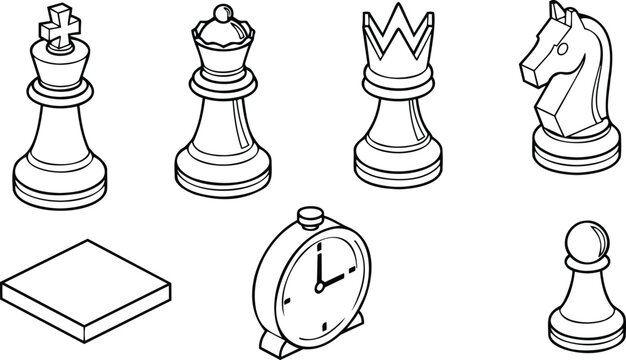 Isometric line art close up chess pieces including king queen rook knight pawn and timer top view on white background clean illustration thin outline stroke vector