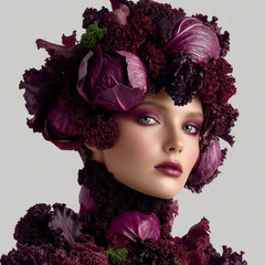 Artistic beauty portrait with deep purple rose floral headpiece design