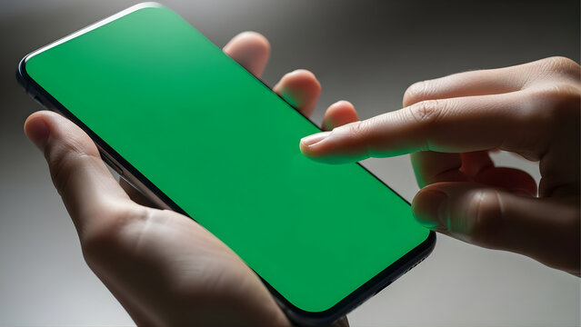 Close-up of hands holding smartphone on green screen, fingers interacting with screen, soft lighting, no face, tech demo style 