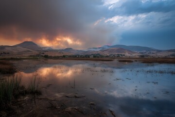 Wildfire Overlooking a Calm Lake