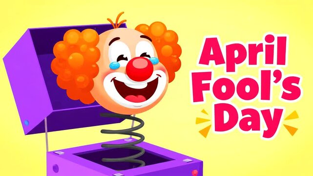 April Fool&rsquo;s Day Popping Clown Jack in the Box with Laughing Cartoon Character Confetti and Fun Celebration Design