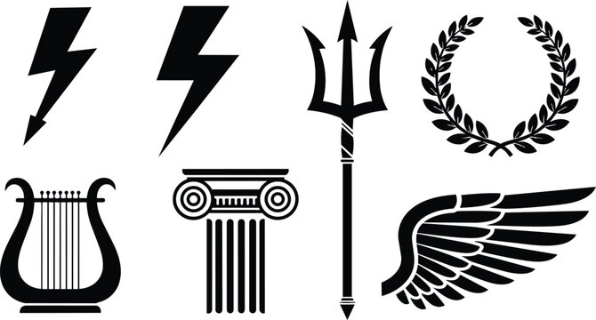 Flat design black mythology icon set with lightning bolt trident laurel wreath lyre column wing close up centered on white background minimalist simple bold scalable vector