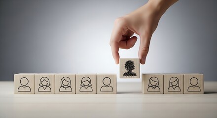 Hand selects a drawn silhouette figure from a row of wooden blocks representing people, signifying recruitment, individuality, or unique selection.