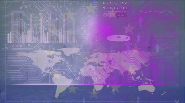 Animation of arrow icons moving upwards over statistical data processing against world map