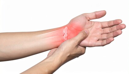Fototapeta premium Two hands against white background, one gripping wrist with red highlight indicating pain or inflammation