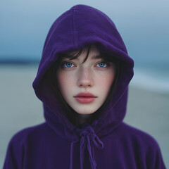 Young woman portrait wearing purple hoodie in moody coastal environment