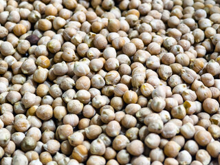 Chickpeas spread out on a surface for drying and sorting in a farming area during daytime