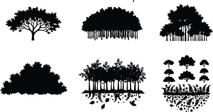 Silhouette tree and forest vector set showing six unique canopy shapes with root cross section ground elements isolated on white background flat design scalable icon pack