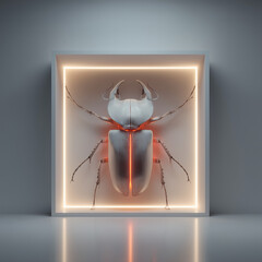 Futuristic beetle insect displayed inside glowing square frame sci fi art