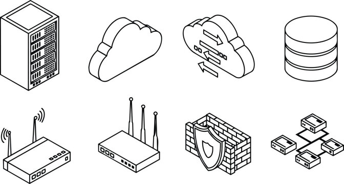 Isometric line art network icon set showing rack server cloud sync database wifi router firewall and network nodes in black outline angled perspective minimalist vector icons