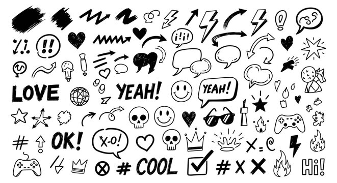 Hand-Drawn Doodle Emoji Set &ndash; Fun Sketch Icons, Expressions, Symbols & Sayings