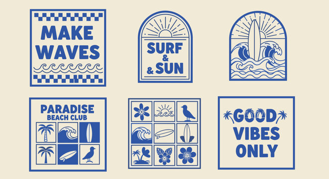 Retro Surf Poster Clipart Set &ndash; Vintage Beach, Sun & Ocean Typography Graphics