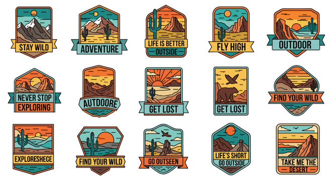 Vintage Outdoor Adventure Badge Set &ndash; Retro Hiking, Camping & Desert Patch Clipart
