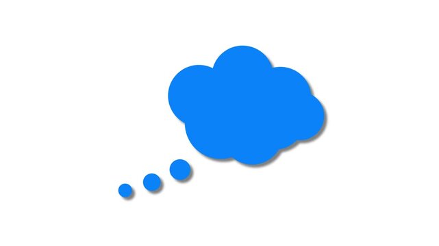 Blue thought bubble icon with three small dots, isolated on white background. Simple flat symbol representing thinking, ideas, imagination, communication, and brainstorming concepts.