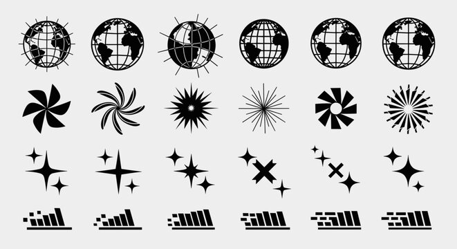 Y2K Globe & Sparkle Icon Set &ndash; Retro Futuristic Symbols & Aesthetic Elements