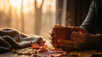 Cozy autumn morning with steaming cup of coffee or tea in hands by window with fall leaves and warm sunlight