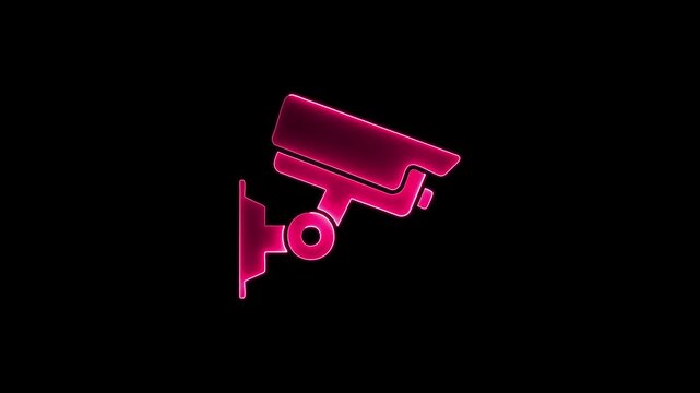 Neon blue CCTV security camera icon glowing on a black background, symbolizing surveillance, safety, and modern security technology.