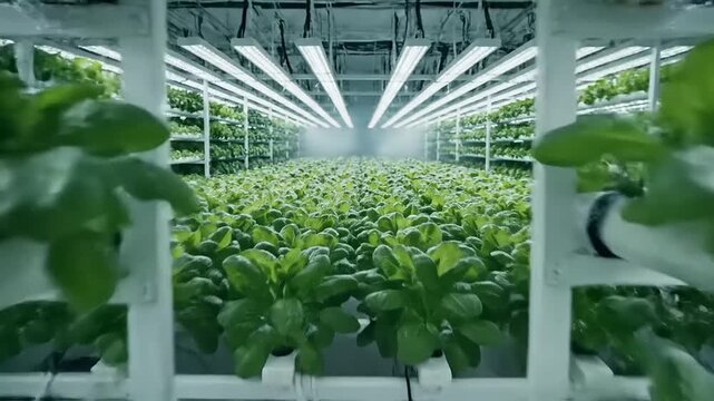 Lush Hydroponic Farm with Rows of Green Lettuce Under Bright Grow Lights in Modern Facility