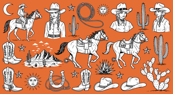 Western Cowboy Seamless Pattern &ndash; Vintage Rodeo Horse Illustration Background