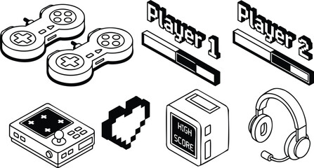 Isometric line art gaming icons showing two retro controllers handheld console pixel heart high score cube headset and player bars in outline bold minimal monochrome vector