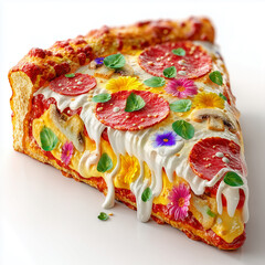 Melted cheese pizza slice with colorful toppings and dripping texture art