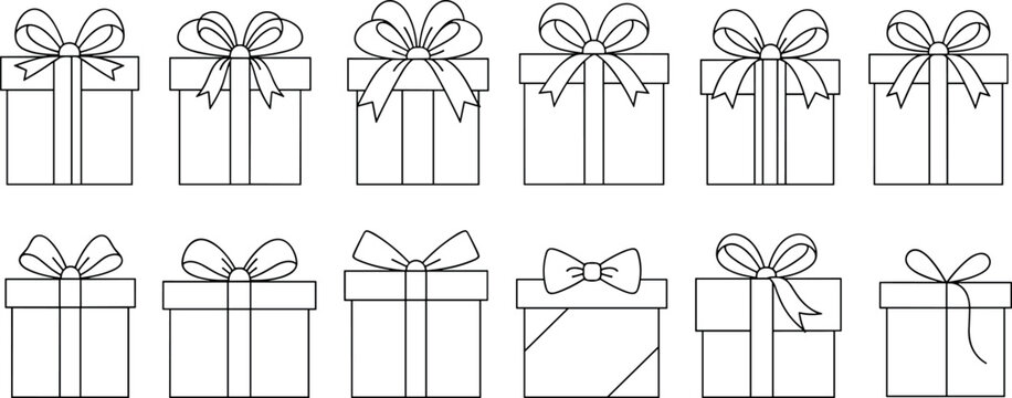 Gift box icon set, ribbon variations, festive packaging, outline style, holiday decoration, birthday present, vector illustration for celebration, party, surprise, design use