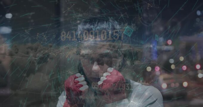 Animation of increasing numbers, connected dots, dense clouds over caucasian woman practicing boxing