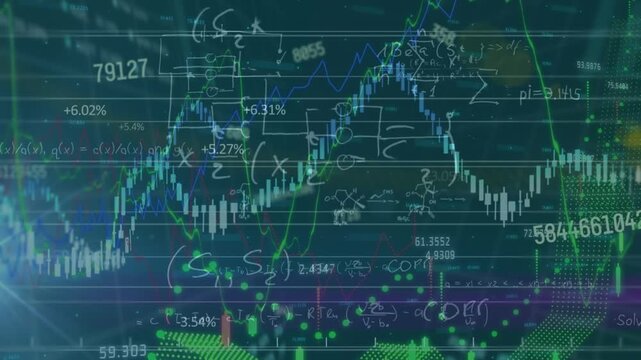 Animation if graphs, circles and increasing numbers over sums against green background