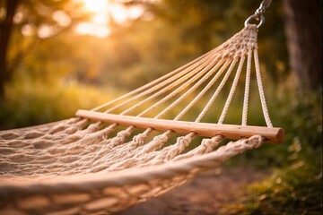 Obraz premium Empty hammock hanging outdoors at sunset, creating a calm and relaxing atmosphere connected to slow living and rest.