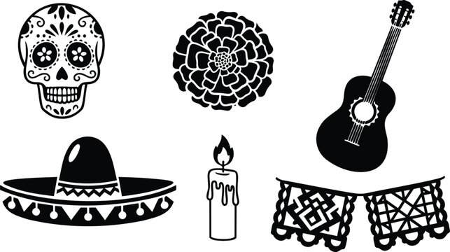 Flat design close up day of the dead icon set includes sugar skull marigold guitar sombrero candle papel picado arranged on white background traditional mexican motifs