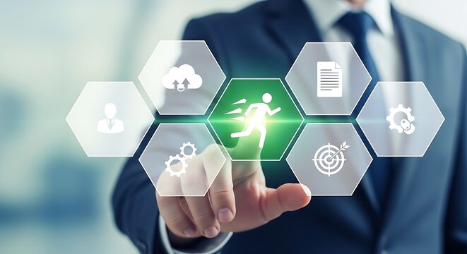 Businessman pointing at a hexagonal interface with icons for business processes and a running figure, symbolizing efficiency and workflow optimization. - Powered by Adobe