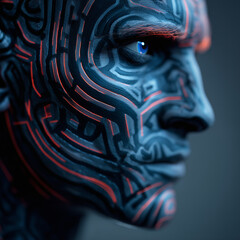 Futuristic cyborg human face portrait with glowing neural technology lines