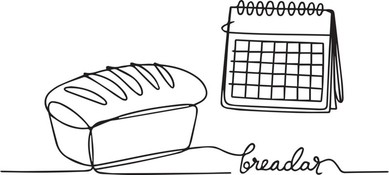 A bread loaf and calendar on table, viewed from side, simple line drawing